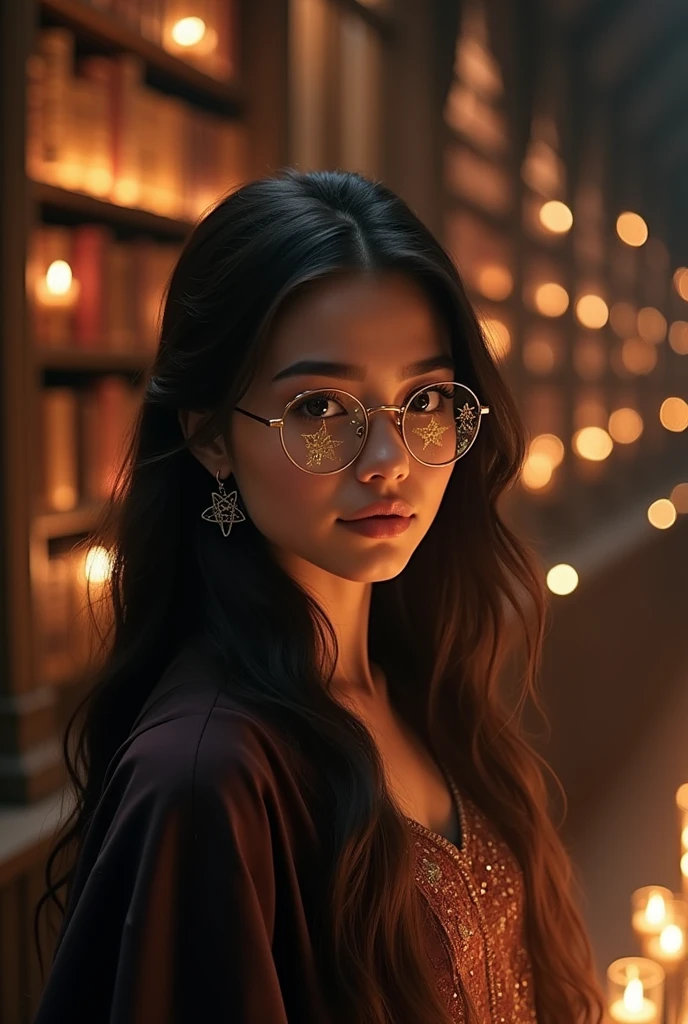 Woman with long dark hair, dark brown eyes, gold glasses, studying earrings at Hogwarts