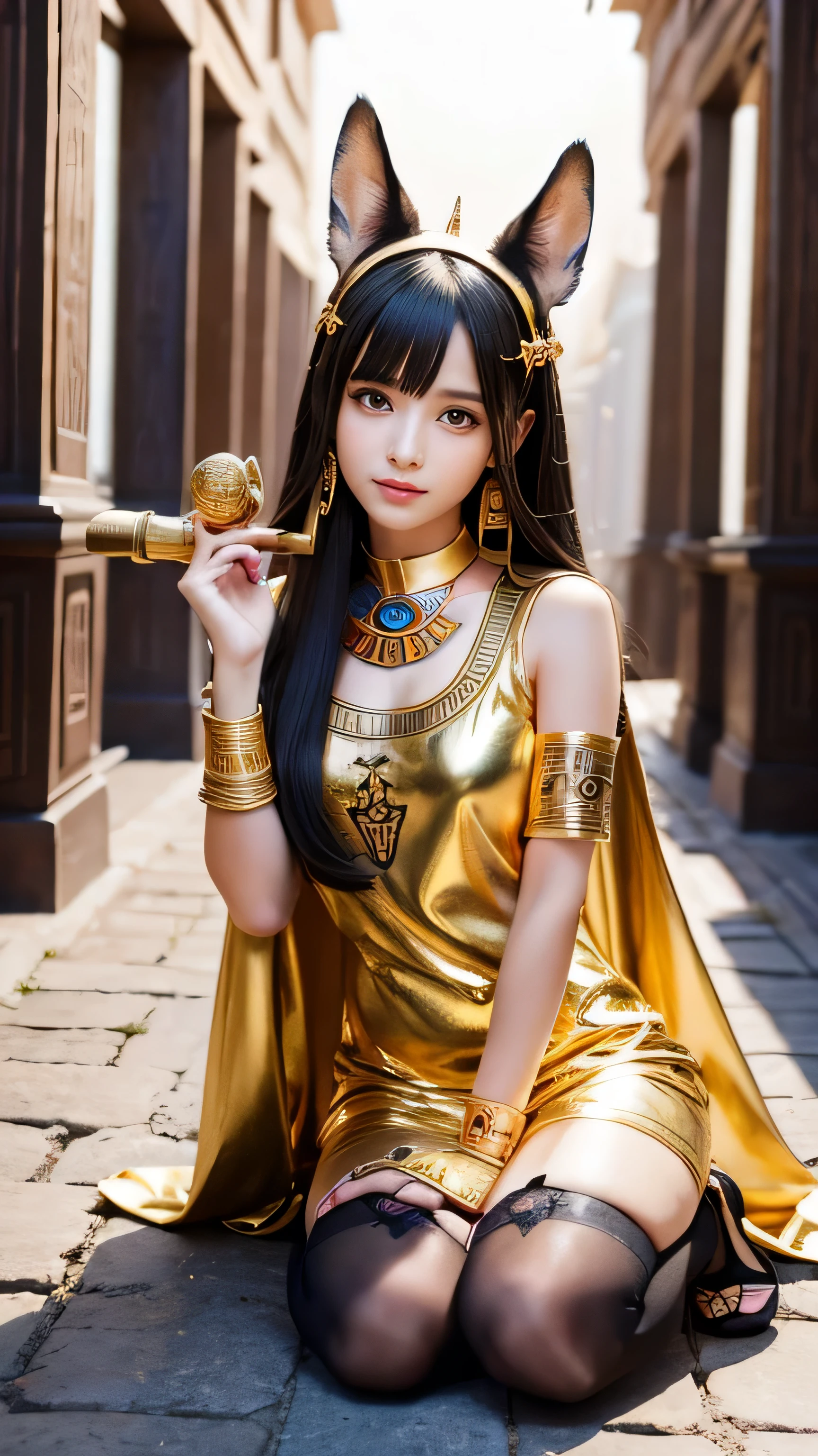 Prompt: Depict Anubis, the ancient Egyptian god of the dead, reimagined as the ultimate beautiful moe character while retaining his iconic features. Anubis’s jackal head is transformed into an adorable, stylized version with large, shining golden eyes that exude a sweet, innocent charm. Her ears are slightly oversized, adding to her cuteness, and her expression is soft and endearing. She has long, flowing black hair with a slight wave, perfectly complementing her elegant yet cute appearance.
Her outfit is a playful fusion of traditional Egyptian attire and modern moe fashion. She wears a short, gold-trimmed dress with hieroglyphic patterns, paired with thigh-high stockings and cute, gold-accented sandals. A small Ankh charm dangles from a ribbon tied around her neck, adding a touch of her divine origins. Her posture is shy yet inviting, with a slight blush on her cheeks as she holds a mini staff with an oversized, cartoonish Ankh at the top.
The background is a bright and cheerful setting, perhaps a sunlit ancient Egyptian courtyard filled with flowers, blending the timeless elegance of Anubis with the irresistible charm of a modern moe character, creating a figure that is both captivating and irresistibly cute.