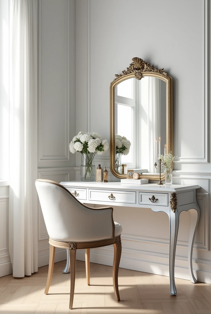 Professional 3d architecture rendering design of modern and gold French design for matte white and dark blue makeup table with beautiful mirror and white wall and elegant accessories and white mirror and light wooden laminate for floor
