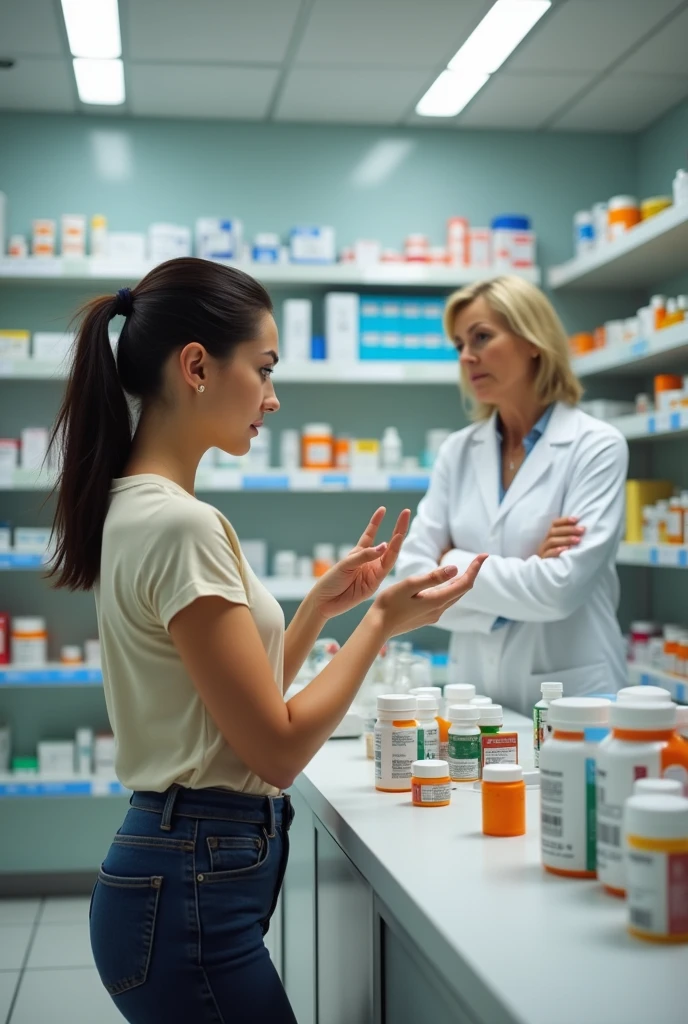 A young deaf woman comparing medications at a pharmacy, The pharmacist doesn't understand her sign language and makes a gesture of disdain with her face.