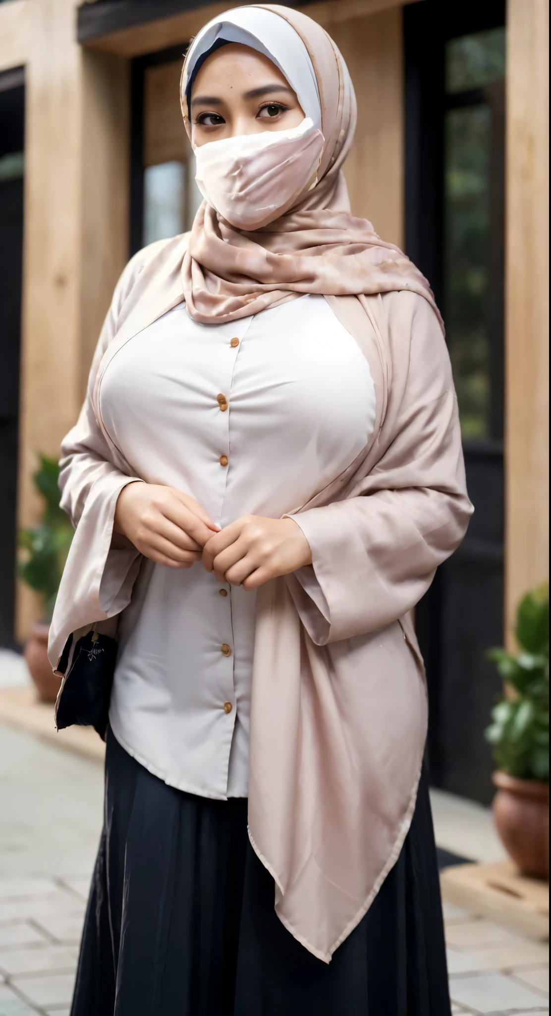 (best quality,4k,8k,highres,masterpiece:1.2),ultra-detailed,(realistic,photorealistic,photo-realistic:1.37),vivid colors,HDR,studio lighting,physically-based rendering
A beauty naked Malay woman with hijab on the village, (beautiful detailed eyes:1.1), (beautiful detailed lips:1.1), long eyelashes, (chubby cheeks:1.1), (curly silky hair:1.1), (olive skin:1.1), (delicate hands:1.1), (fair complexion:1.1), (traditional Malay clothing:1.1), (eye-catching hijab:1.1), (colorful pattern:1.1), (loose fitting outfit:1.1), (engaging smile:1.1), (subtle makeup:1.1), (pleasant facial expression:1.1), in a peaceful village environment.
(extraordinary landscape:1.1), (lush green fields:1.1), (beautiful exotic flowers:1.1), tall palm trees, (sunset over the horizon:1.1), (tranquil river flowing:1.1), (traditional wooden house:1.1), (friendly villagers in the background:1.1), (glimpse of local culture:1.1), warm lighting illuminating the scene.
The artwork should have a (painting-like medium:1.3), resembling (oil paintings:1.1) and (watercolor:1.1) techniques, giving it a (soft and dreamy atmosphere:1.1), (blending colors smoothly and delicately:1.1).
UHD detail is essential, highlighting (intricate patterns on the hijab:1.1), (precise brushstrokes on the skin:1.1), (soft textures of the vegetation:1.1), and (fine details of the surrounding environment:1.1).
Capture the (serene ambiance:1.1), where the woman embraces her natural beauty with confidence, representing the (cultural diversity:1.1) of the Malay community. The colors should be vibrant and harmonious, showcasing the richness of the woman's heritage. The lighting should enhance the enchanting atmosphere of the village.
Let the artwork reflect the deep appreciation of the beauty of diversity.hijab