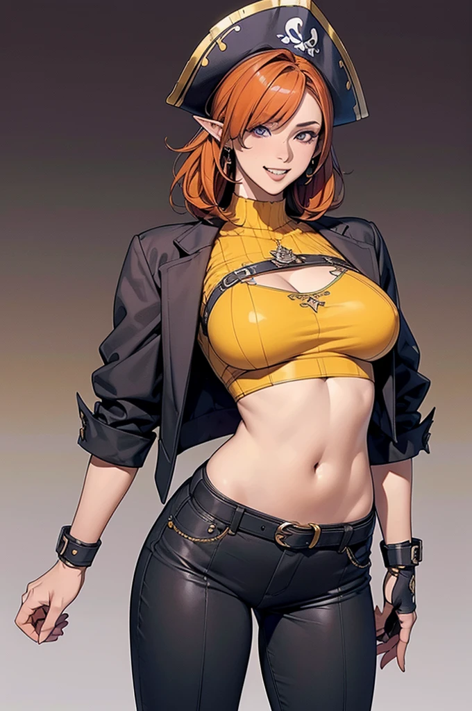 best quality,4k,8k, highres, masterpiece:1.2), ultra-detailed, extremely detailed eyes, extremely detailed body, (large masterpiece digital art), (detailed manga illustration), (detailed line art), ((perfect anatomy)), (intricate details:1.3), (ultra-detailed:1.3), (illustration:1.3), (sharp focus:1.3), (natural lighting:1.05), (vivid colors:1.3), (masterpiece), (best quality:1.4), (perfect anatomy:1.4), high quality, expressive eyes, full body, detailed face, beautiful face, perfect face, 1 girl, tall girl, , large breastvage, deair, medium hair, orange hair, hair over one eye, purple eyes, goggles around neck, (whale girl), fins, pointy ears, pirate, pirate hat, tricorne, earrings, ((yellow shirt)), crop top, cross-laced clothes, belt, wide smile, (sharp teeth), ((cropped jacket)), martial artist stance, (midriff), asymmetrical clothes, (asymmetrical pants), gloves, curvy, two-tone skin, black skin, jewelry, Intricate, High Detail, Sharp focus, design sheet, consistent character, turnaround, concept,