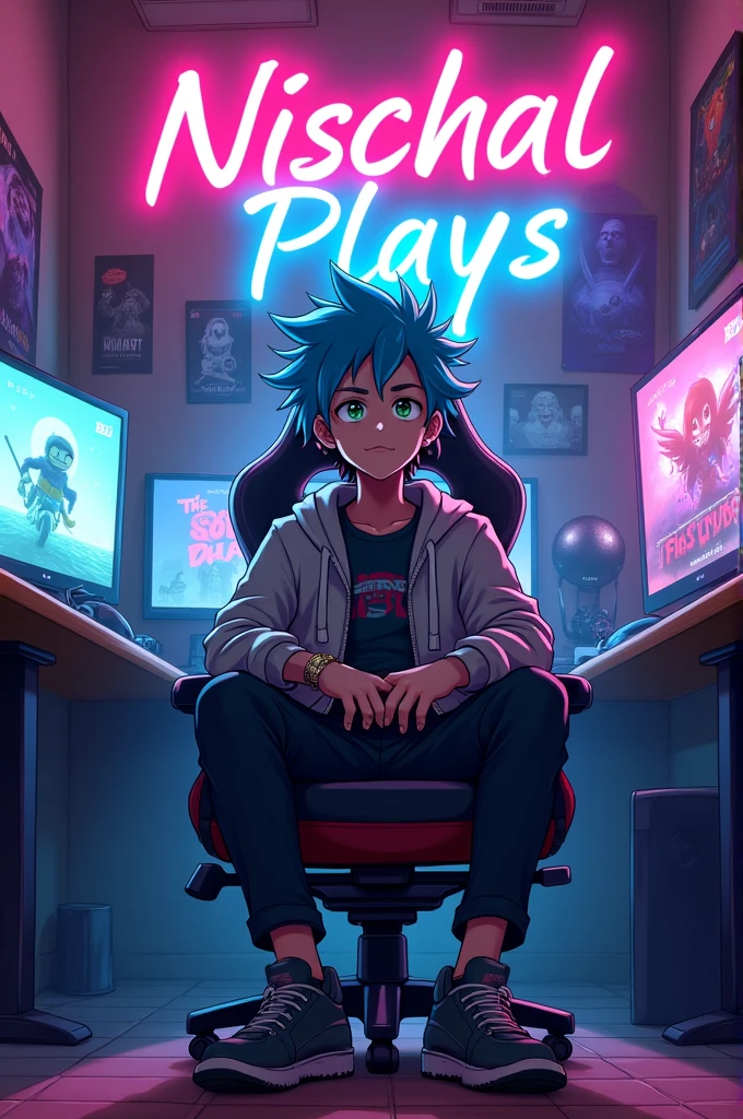 One anime man sit in a gaming chair and he has a gaming room best and his wall hawe write Nischal plays