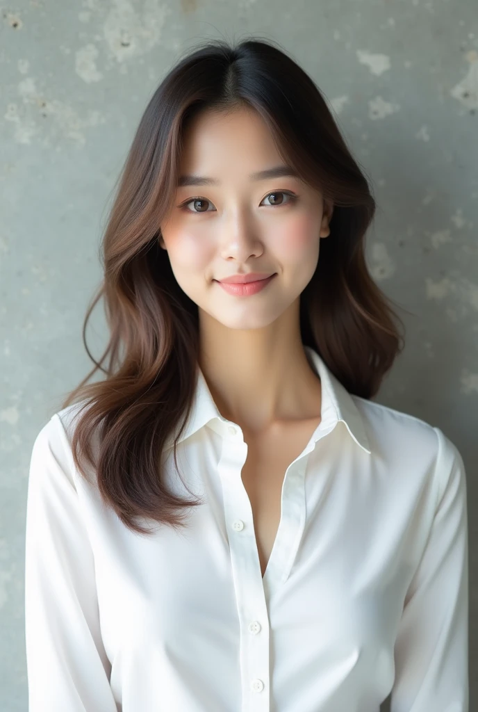 Beautiful Japanese woman、Sharp features、Big eyes、Fine, glossy hair、semi-long、Brown hair color、Straight Hair、Body turned slightly towards the camera with direct eye contact、Smiling Kindly、Background is simple concrete、White blouse