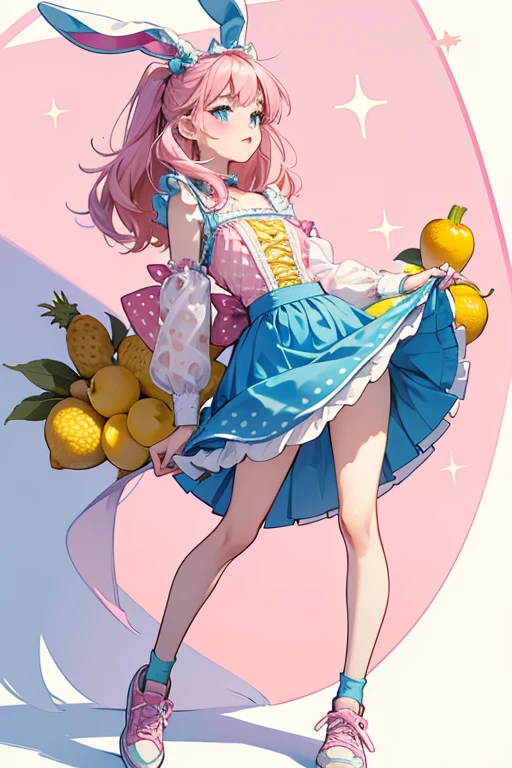 Bree Bunny has pale pink skin with a pink nose, whiskers, freckles, blue eyes, pink lips, and brown eyebrows. her pink hair is cut straight with bangs that surrounds her bunny ears that reach down to her hips. She has a bunny tail. She wears a pink bodice with a white line down the middle with red hearts and pink polka dot on the white line. Her blue skirt has a yellow band and has strawberries, apples, lemons, limes, kiwis, watermelons, and pineapples on it. The trim of the skirt is rounded. The look is augmented by a white fur stole. Her footwear consists of yellow sneakers. SPARKLE; GLITTER