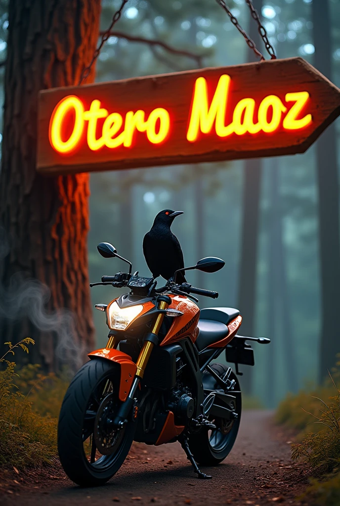 Black-headed Grosbeak, black color, riding a Yamaha FZ motorcycle, with a dark forest landscape, on a tree a sign in flames with the name: Otero Maoz. 