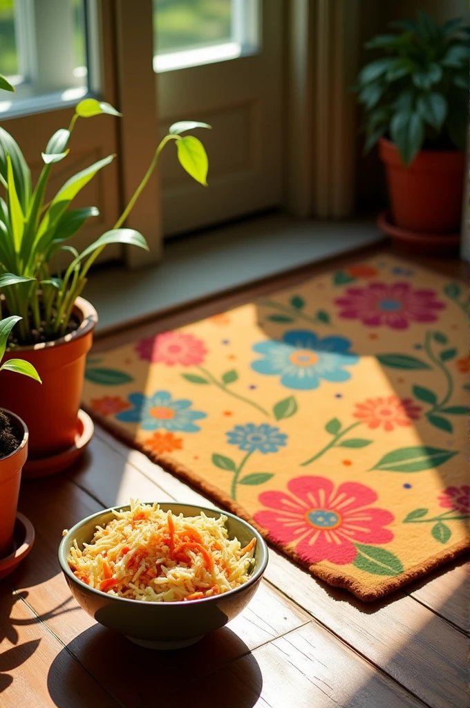 a doormatt and a bowl of coleslaw