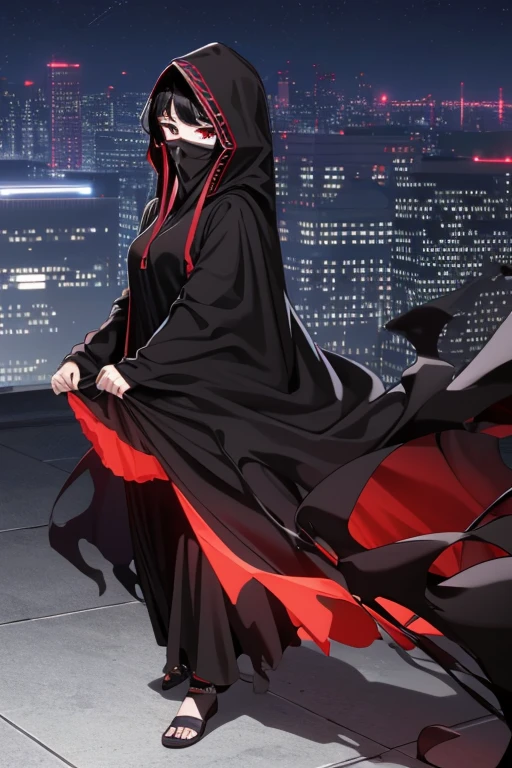 NNAssassinFSF, 1girl, solo, median breasts, black hair, red eyes, long sleeves, dress, hood, long skirt, black dress, cape, black cloak, hood up, black robe, covered mouth, hooded cloak, ((masterpiece,best quality)) city, night