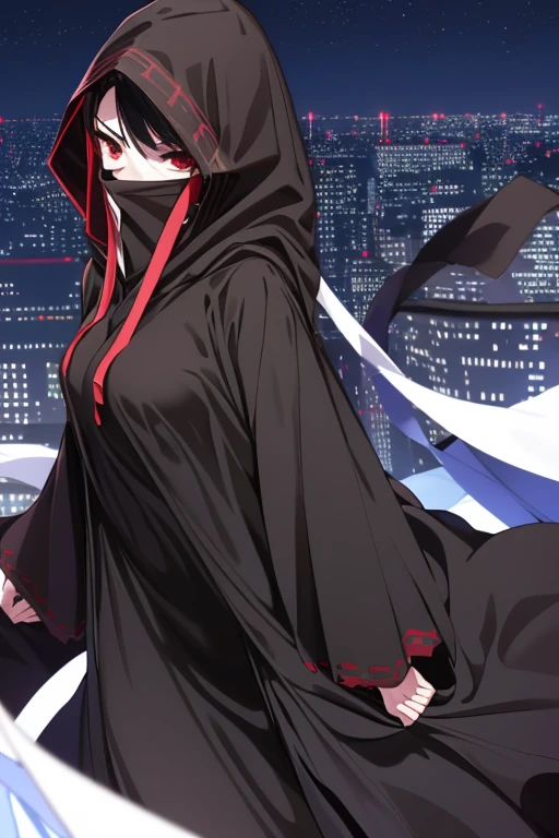 NNAssassinFSF, 1girl, solo, median breasts, black hair, red eyes, long sleeves, dress, hood, long skirt, black dress, cape, black cloak, hood up, black robe, covered mouth, hooded cloak, ((masterpiece,best quality)) city, night