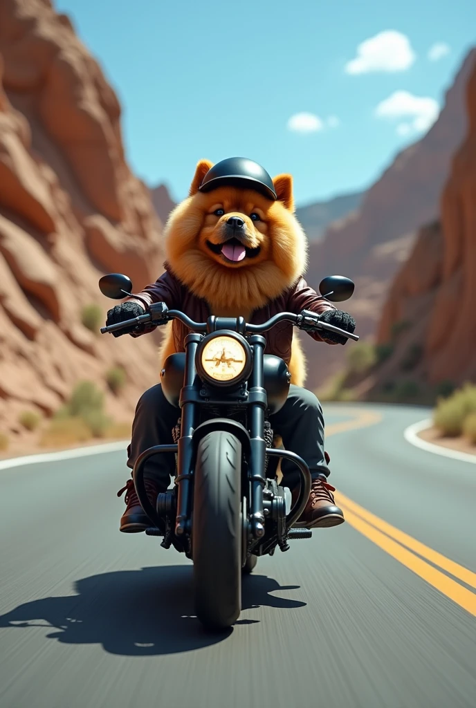 1 Dog, raza chow chow, riding a motorcycle, black motorcycle, rock, with leather jacket, black helmet, on the road, with leather gloves, smile.