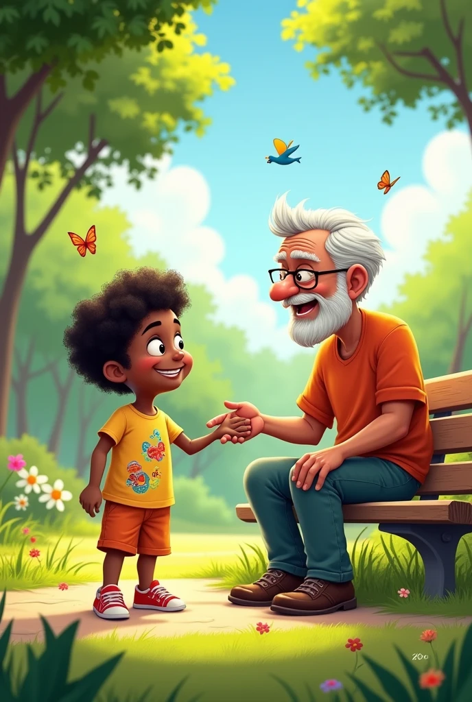 In cartoons a child Mateo with black skin.okra and an old man calling him
