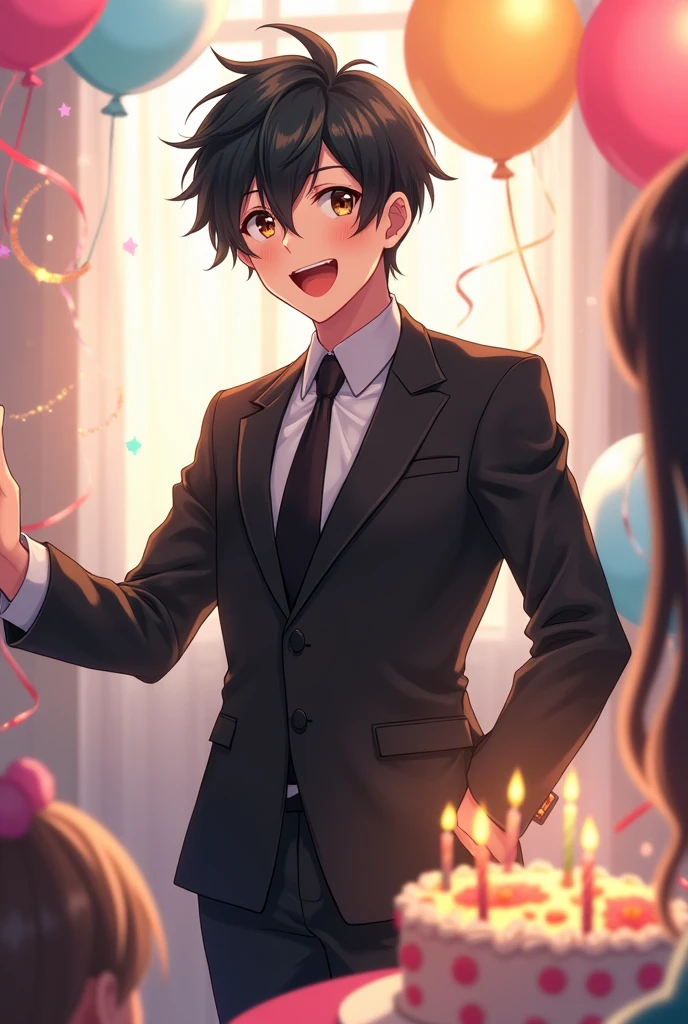Anime boy his happy birthday his age is 36 in black suit