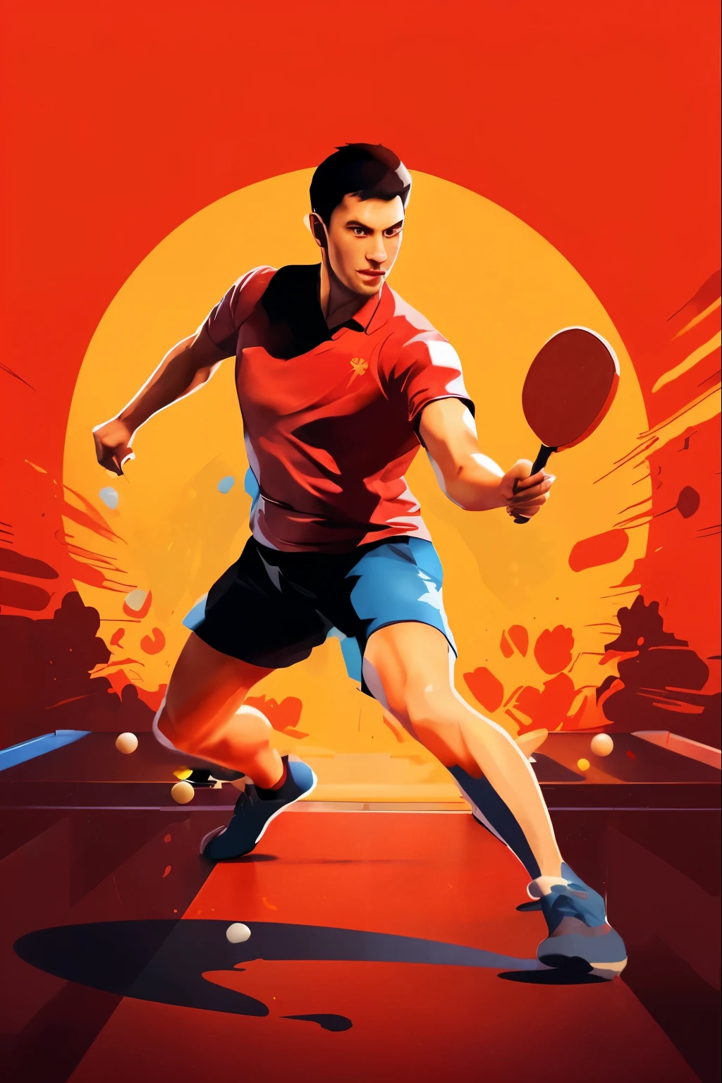 There is a man in a red shirt playing table tennis.。, game illustration, 作者 Daryush Shokof, Business Illustration, Background artwork, The art of math #Single Game, Digital Illustration, Digital Illustration -, 2. 5D Illustration, detailed 2d illustration, in style of Digital Illustration, Dōjin works, Game poster, Matte finish, Vector illustration, Digital Illustration