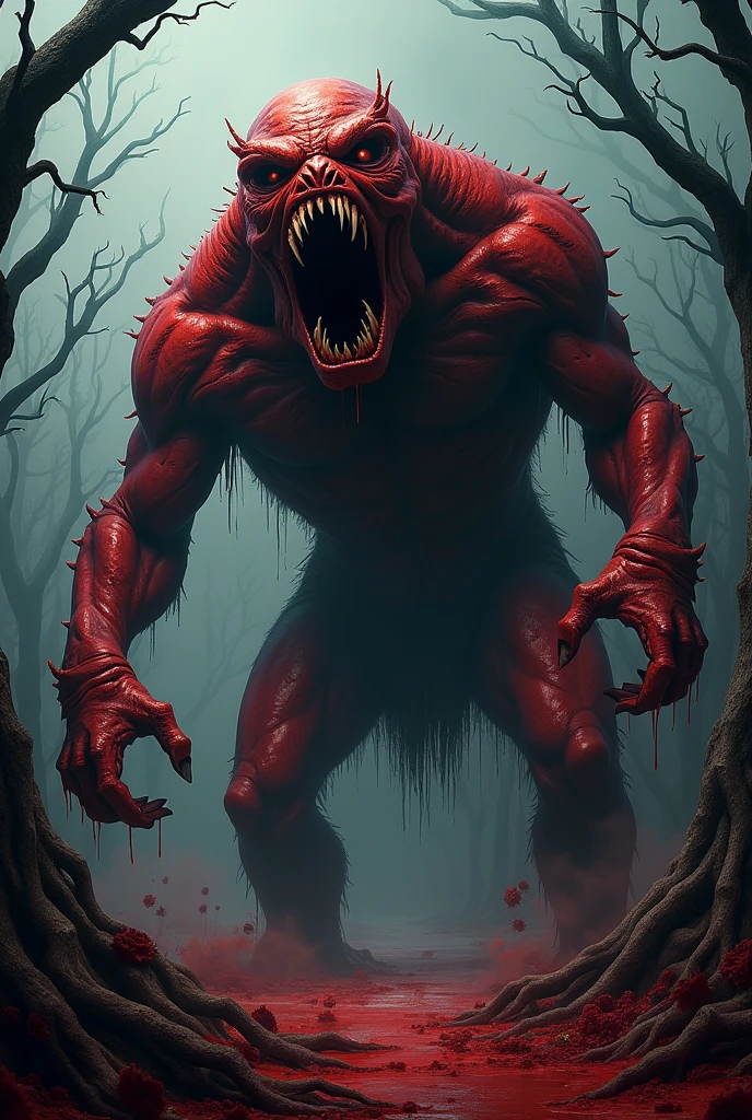 A monstrous giant made of blood, terrifying with touches of dark red and a smile