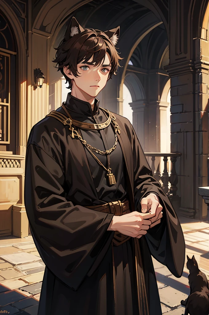 man, male, dark brown hair, grey eyes, dark brown cat ears, dark brown cat tail, fantasy, medieval wear,