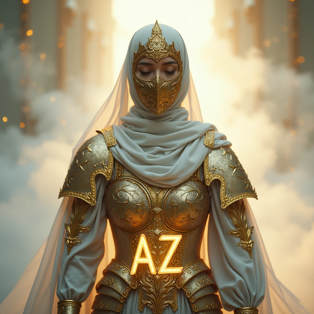 A Muslim woman who is extremely elegant and intelligent, who is also a warrior
On her armor put letters AZ and use golden and glassy white colors, the character is anonymous so use a golden mask on her armor and hide her face completely, this armor looks feminine and peaceful, use a white atmosphere on the background and make sure to put AZ letters on the armor
