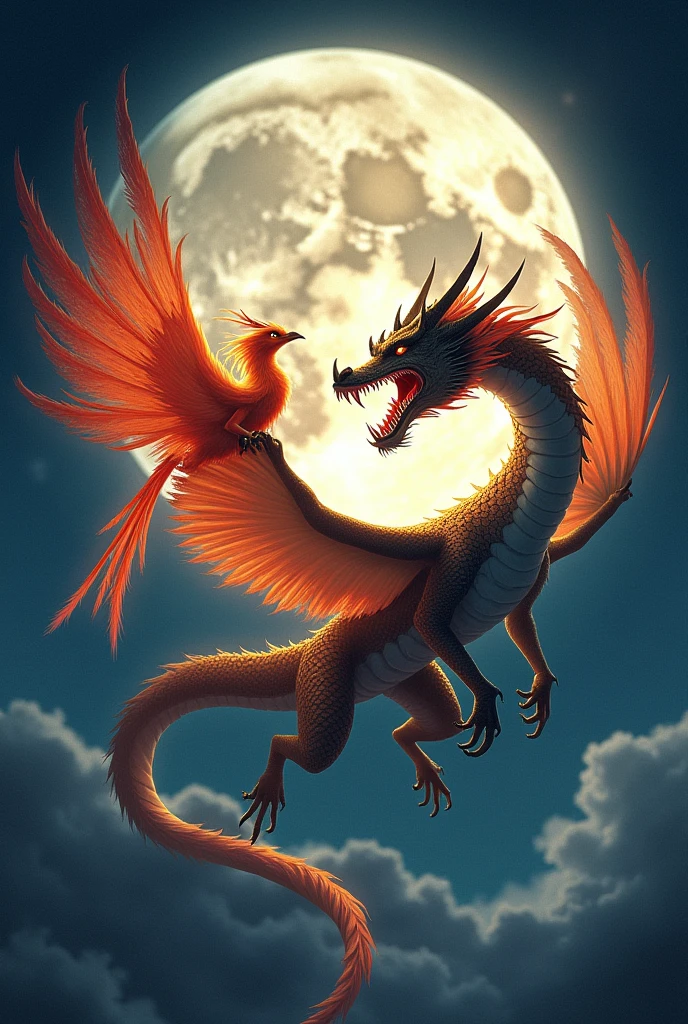 Realistic Phoenix and Dragon circulating the moon. The dragon's mouth is opened. the dragon has two hands. separate the two. Don't make them chubby, just 2D not 3D. separate them