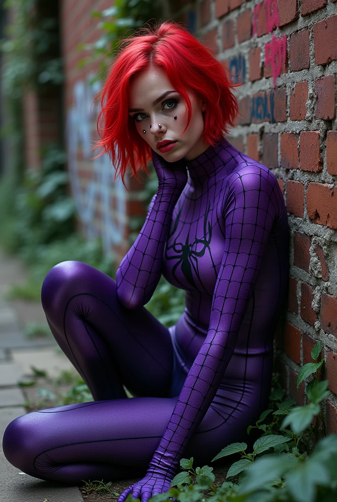 Gothic girl comic style with short red hair,with purple spiderman outfit,piercings nariz, sitting