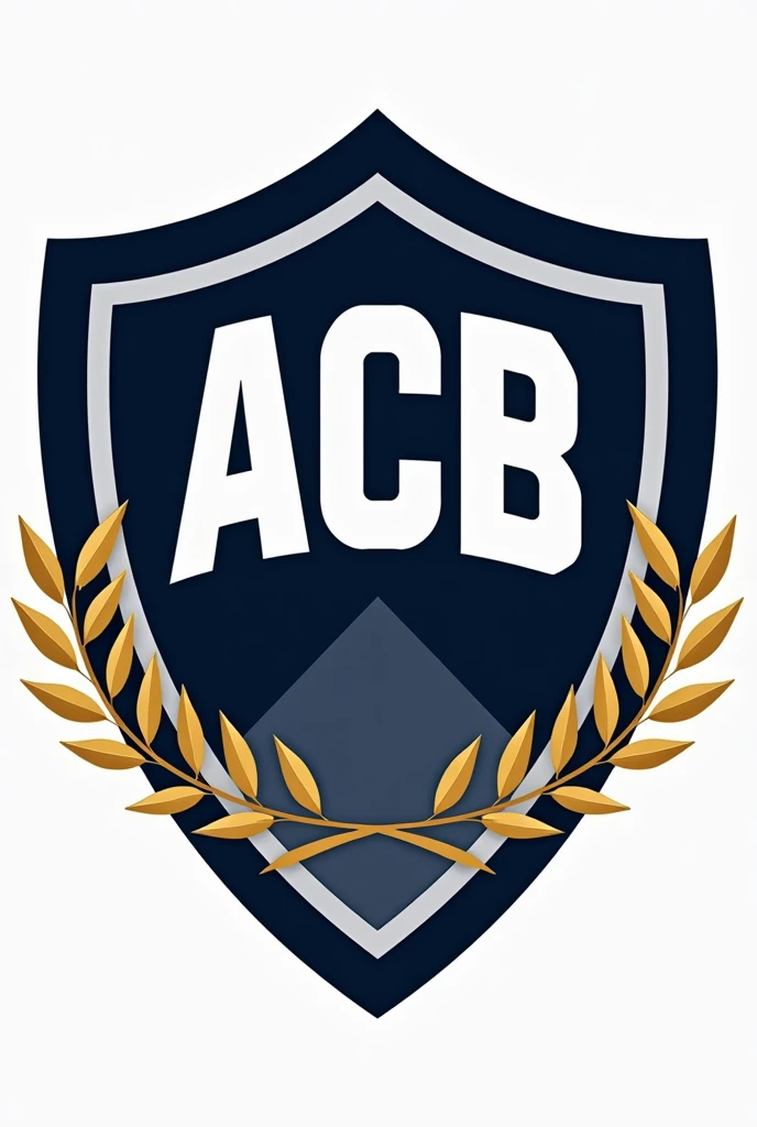 Create a shield for a marching band with the colors indigo blue, gray, and white. The letters ACB should be at the top. Surrounded by a golden olive wreath. The logo should be simple and elegant. 