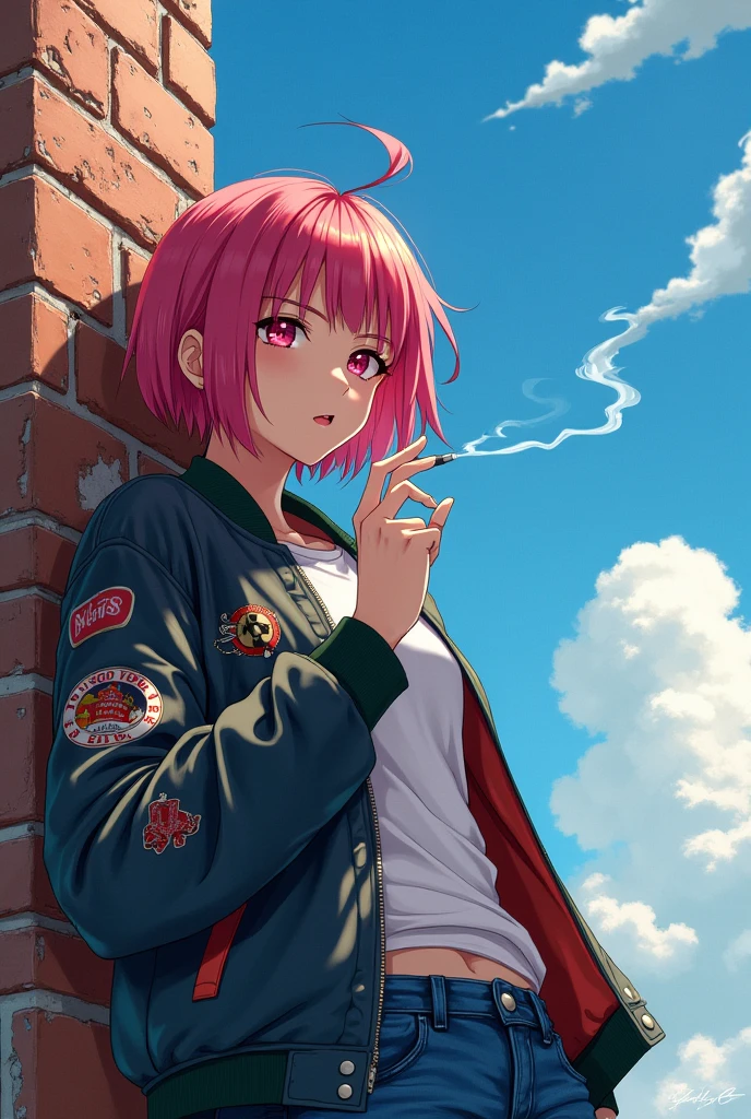 anime girl with short hair wearing a jacket and smoking a cigarette with a blue sky as a background
