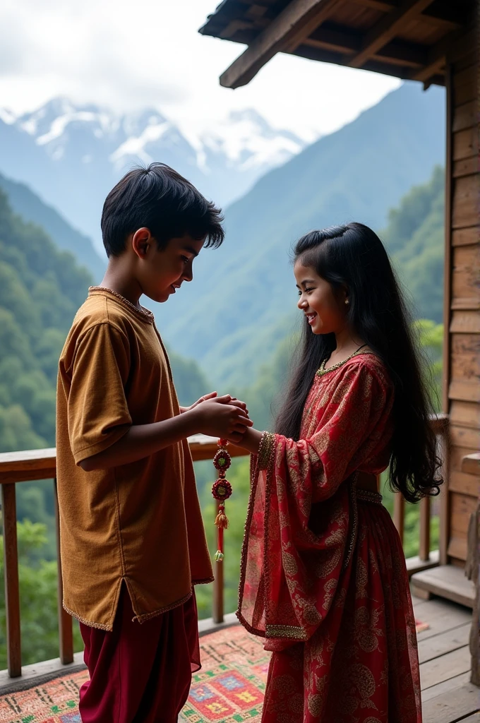 Pahadi simple fair girl tying Rakhi on his brother's hand wrist in uttarakhand home with mountain background