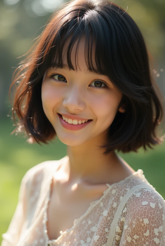 Highest quality, figure, Very detailed, In detail, High resolution, 8k wallpaper, Perfect dynamic composition, Beautiful attention to detail, Face Focus, Soft Light,Lace blouse ,Short Bob Hair,Natural color lip, ,smile,Outdoor、18-year-old girl、cute、looking at the camera
