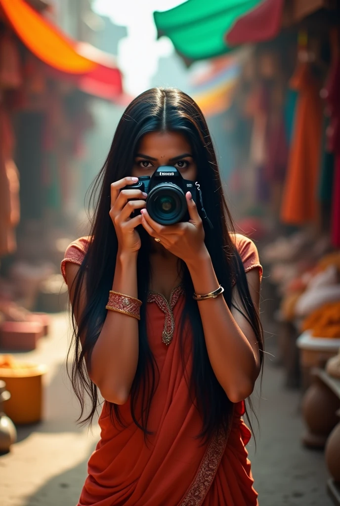 A indi woman with straight hair
taking a realistic photo