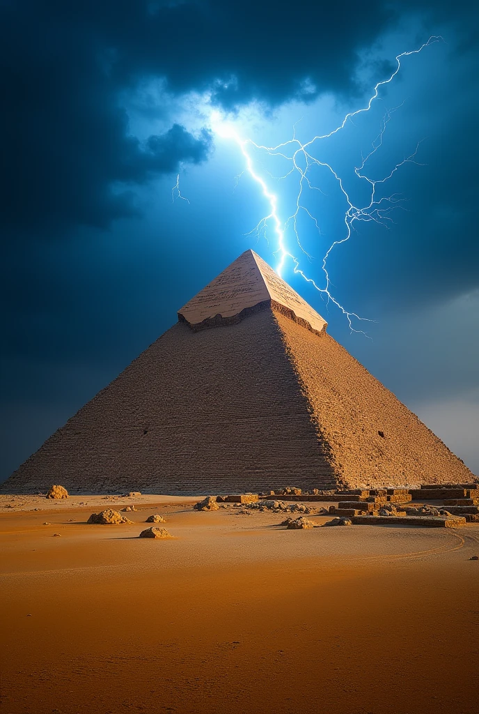 Egyptian pyramid with lightning striking it