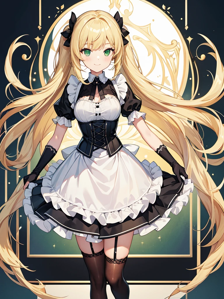 masterpiece, best quality, extremely detailed, anime, 1girl solo girl,  woman, longhair, blonde, green eyes, french maid, latex, laced corset with black lacing, white underbust, white apron, frill, mini skirt, black layered skirt, white skirt, black garter belt, black stockings, high-heeled shoes, short sleeves, elbow gloves, white gloves, slender, small breast, slightly slimmer thighs, beautiful detailed face and eyes, fearless, smile, standing figure, full body, no background