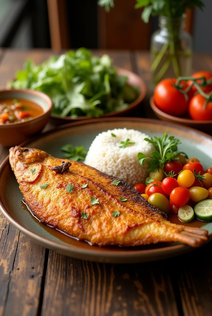 a dish of fried fish, with rice and vegetable stew, there should be a salad plate on the side
