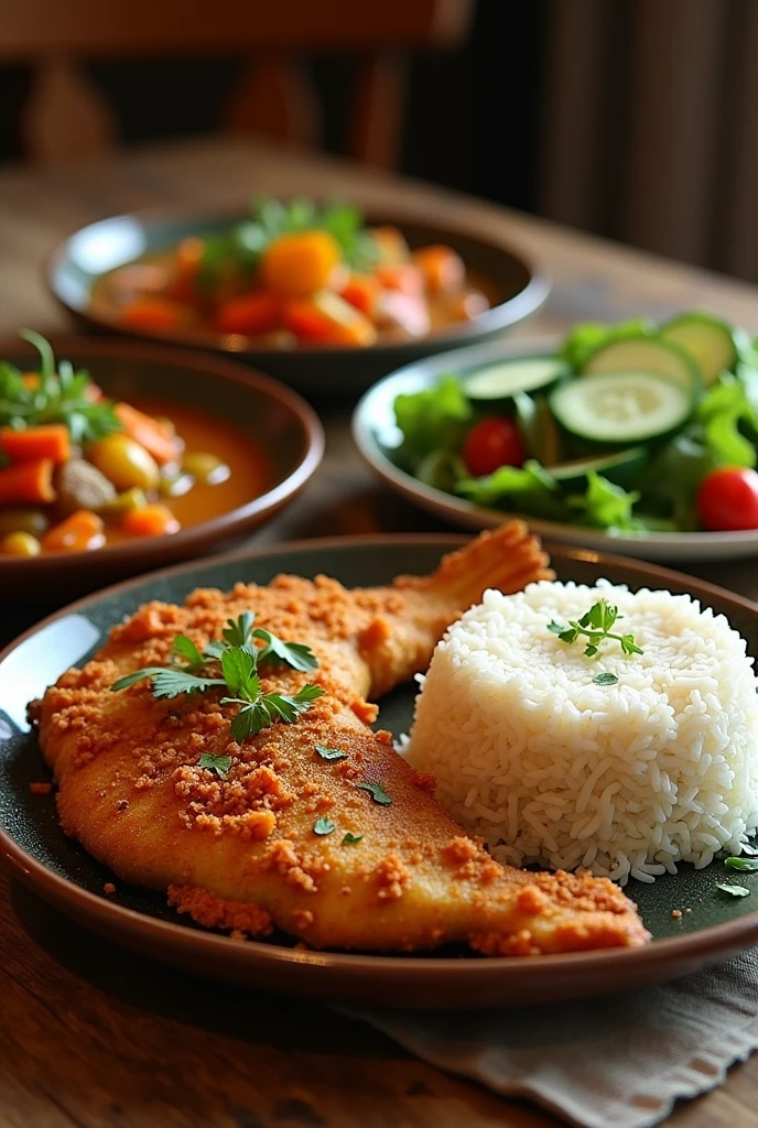 a dish of fried fish, with rice and vegetable stew, there should be a salad plate on the side