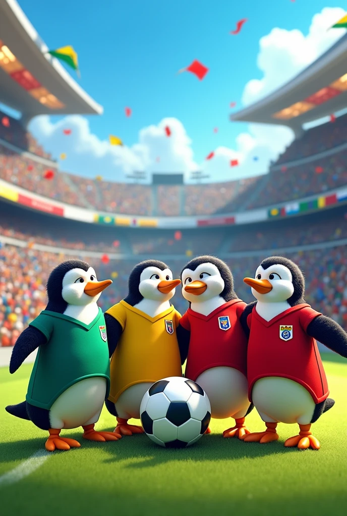 TEAM OF PENGUINS WITH SOCCER JERSEYS OF CHILE PERU BOLIVIA ARGENTINA GRAZIL COLOMBIA MEXICO WITH STADIUM BACKGROUND