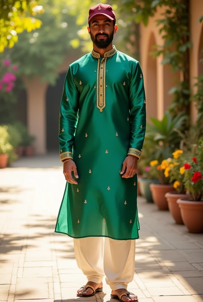 Create an image of a man wearing a mehendi green kurta with pajama and a maroon-colored base ball cap."