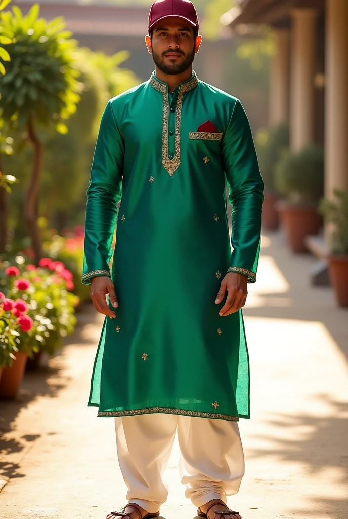 Create an image of a man wearing a mehendi green kurta with pajama and a maroon-colored base ball cap."