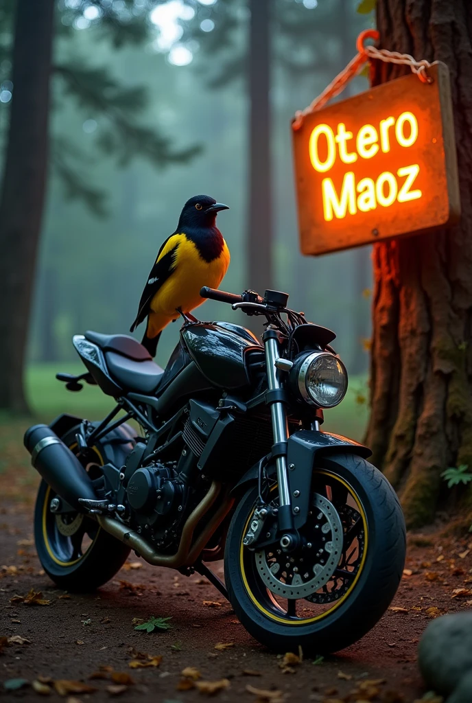 Black-headed Grosbeak, black color, riding a Yamaha FZ motorcycle, with a dark forest landscape, on a tree a sign in flames with the name: Otero Maoz.