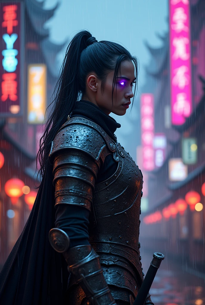 A man dark knight in iron armor, dark sky,rain,sharp sword, neon purple eyes, cyberpunk style background, eastern-style armor, long black hair in a ponytail, (best quality,4k,8k,highres,masterpiece:1.2),ultra-detailed,(realistic,photorealistic,photo-realistic:1.37),detailed description,professional,vivid colors,studio lighting,dark fantasy,dramatic lighting,intricate details