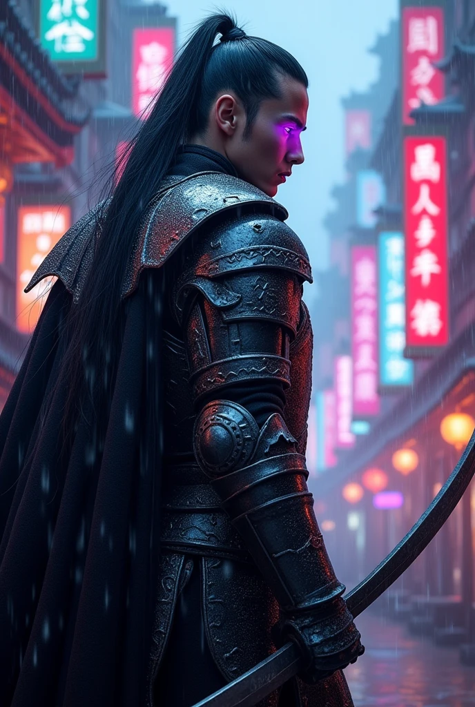 A man dark knight in iron armor, dark sky,rain,sharp sword, neon purple eyes, cyberpunk style background, eastern-style armor, long black hair in a ponytail, (best quality,4k,8k,highres,masterpiece:1.2),ultra-detailed,(realistic,photorealistic,photo-realistic:1.37),detailed description,professional,vivid colors,studio lighting,dark fantasy,dramatic lighting,intricate details