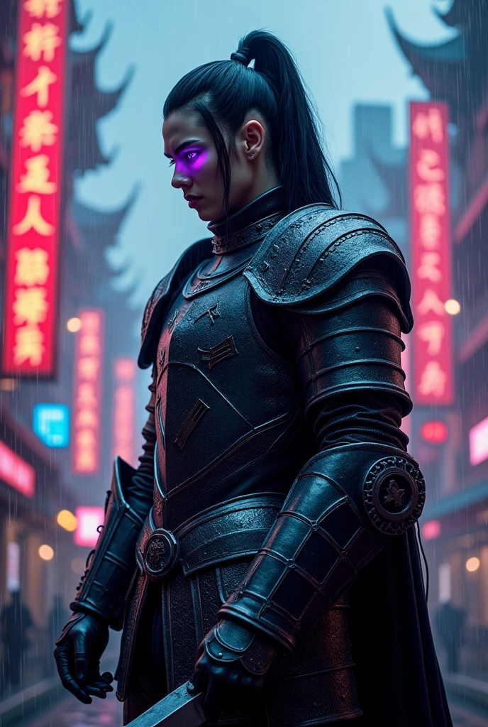 A man dark knight in iron armor, dark sky,rain,sharp sword, neon purple eyes, cyberpunk style background, eastern-style armor, long black hair in a ponytail, (best quality,4k,8k,highres,masterpiece:1.2),ultra-detailed,(realistic,photorealistic,photo-realistic:1.37),detailed description,professional,vivid colors,studio lighting,dark fantasy,dramatic lighting,intricate details