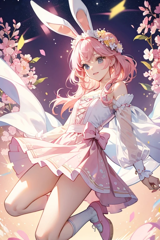 Bree is a light pink bunny with pink hair and white bunny ears. She wears a white top and long pink skirt decorated in a floral design. She has a yellow headpiece, white shawl, and pink shoes. SPARKLE; GLITTER