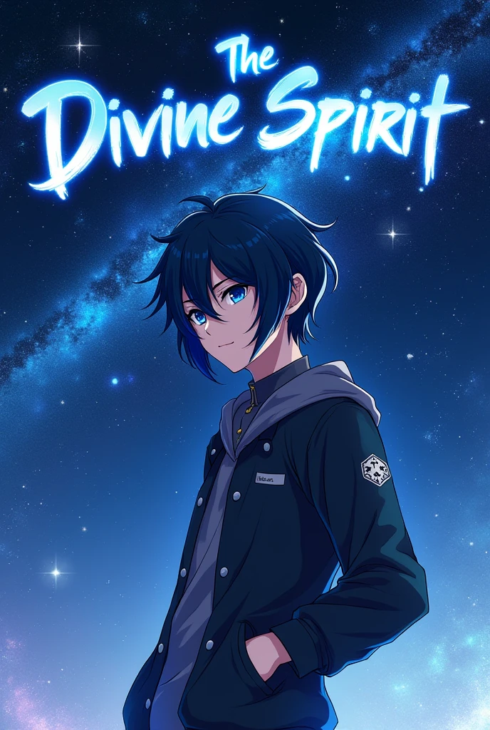 put the name: (The Eminent Divine Spirit), written in the drawing. Create a character, HUMAN TEENAGE MALE WITH NORMAL EARS with JAPANESE ANIME style drawing features, IN a cosmic environment, long black hair with a cobalt blue streak in one hair, cobalt blue eyes.