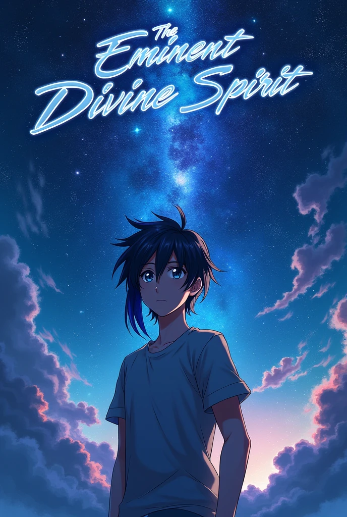 put the name: (The Eminent Divine Spirit), written in the drawing. Create a character, HUMAN TEENAGE MALE WITH NORMAL EARS with JAPANESE ANIME style drawing features, IN a cosmic environment, long black hair with a cobalt blue streak in one hair, cobalt blue eyes.