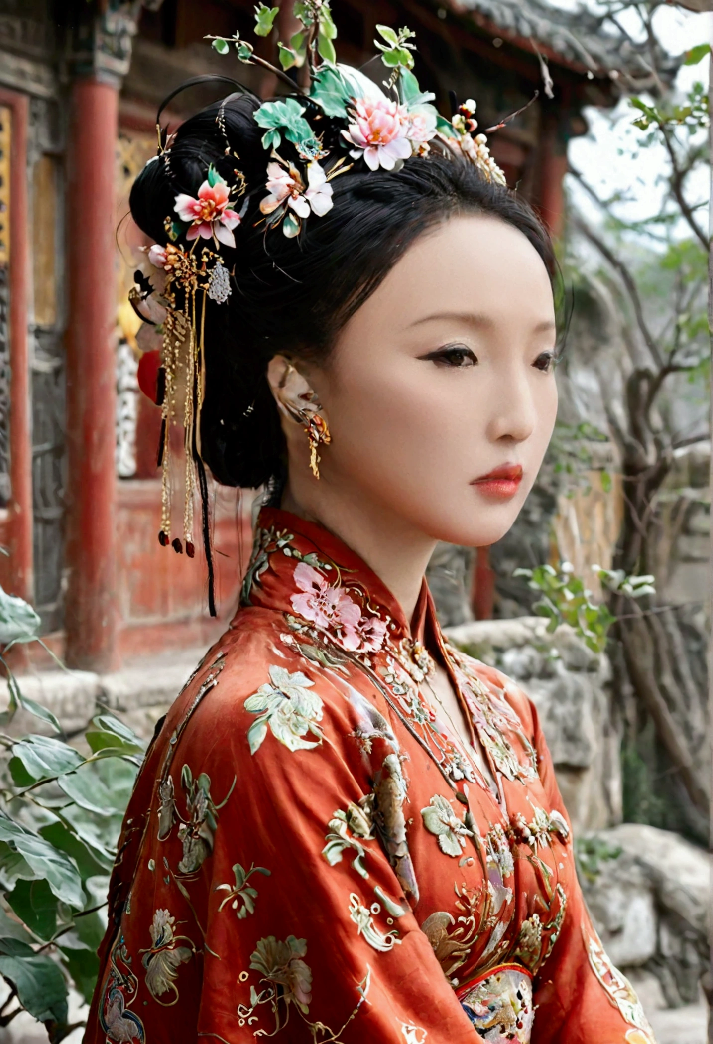 Qing dynasty empress naked and slightly busty, posing on all fours, buttocks protruding from profile, background outside Qing dynasty palace