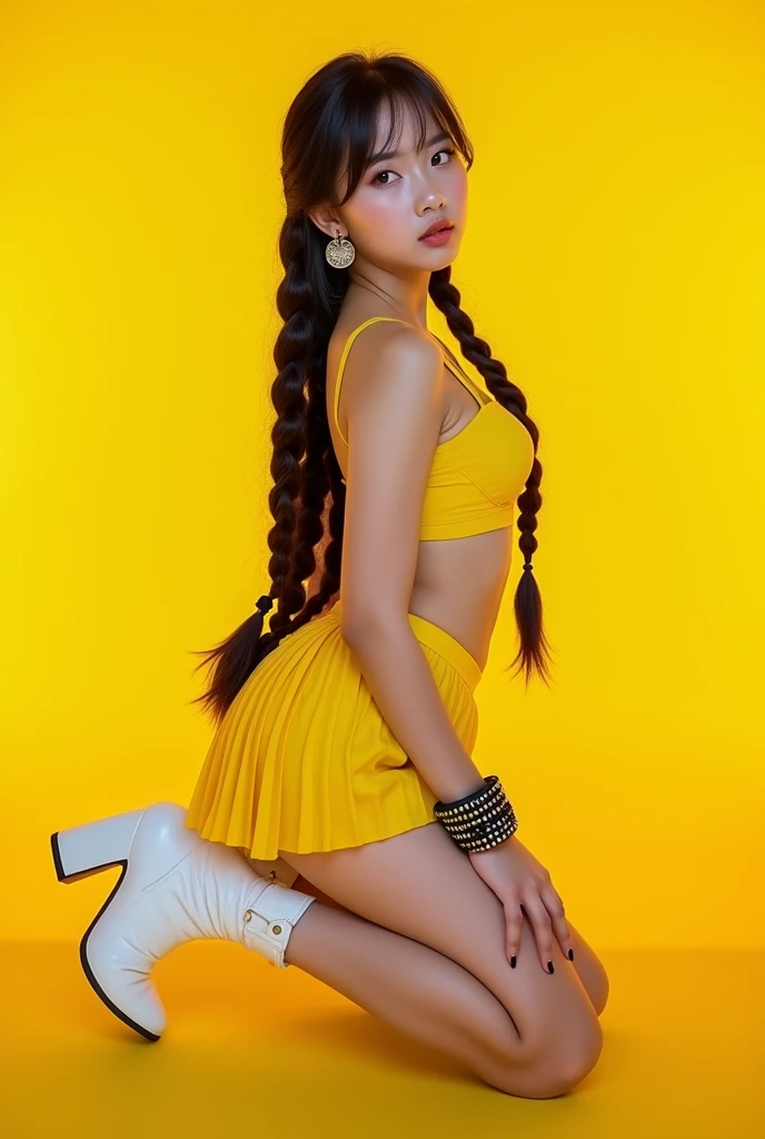 TeeTee1,1girl, (asian model), 18 years old,soft body, black hair, braids,whole body, hair reaches waist, whole body,((head to leg)),black bracelets,black chain,yellow bra,yellow pleated skirt, white tall boots,large earrings,close-up, 8k, RAW photo, best quality, masterpiece,realistic, photo-realistic,seductive,cute,yellow background, erotic pose, kneeling , open leg