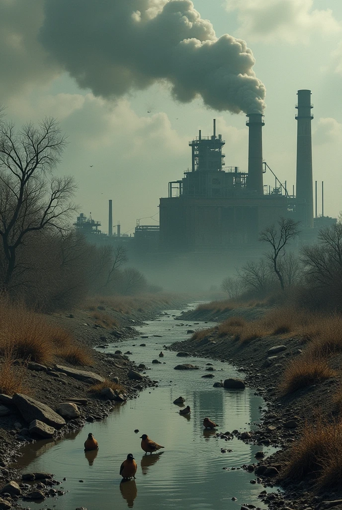 An image of a factory polluting the water and then dumping that dirty water outside, and that dirty water being consumed by animals.