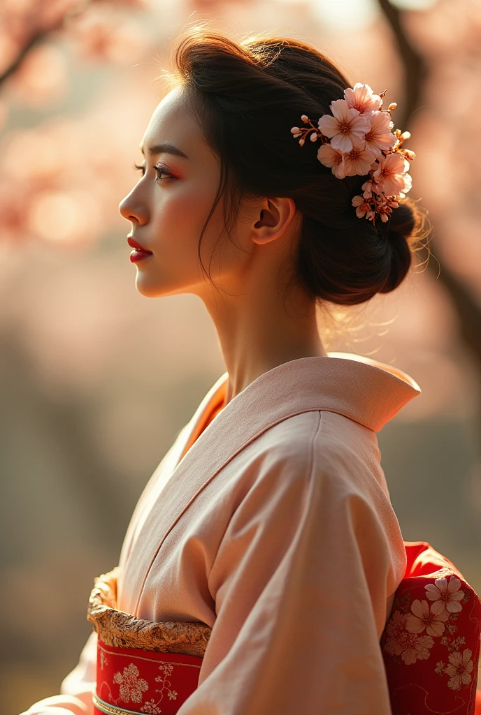 An elegantly dressed Japanese woman in natural light、A close-up of her chest and calm expression.、It shows her inner peace and outer charm.。