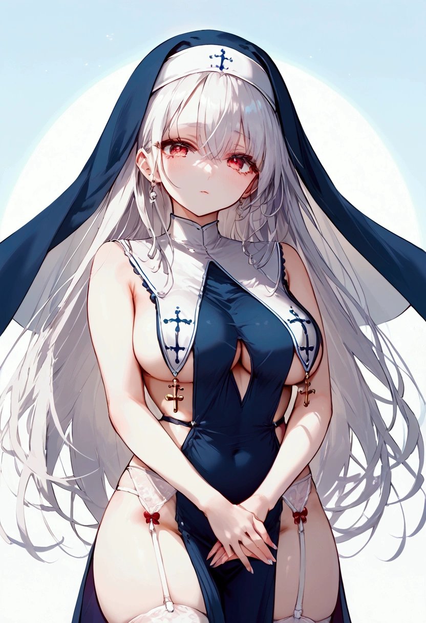 score_9, score_8_up, score_7_up, source_anime, (masterpiece), best quality, expressive eyes, perfect eyes, perfect face, oni girl, oni horns, red eyes, soft lips, long hair, very long hair, wide hips, (white hair:1.2), (white eyebrows:1), (white eyelashes:1), medium breasts:0.5, higuchi madoka, big breasts:0.3, full body, background: sea, marine_nun, habit, blue dress, underboob, breast curtains, pelvic curtain, garter belt, white thighhighs, own hands together, 