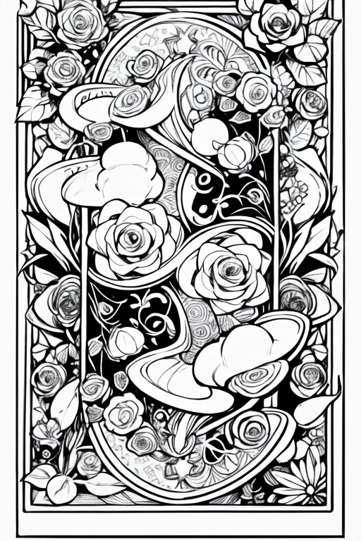 Coloring page for kids, cartoon style, low detail, no shadows, black and white image, plants, flowers, patterns, ornament. roses