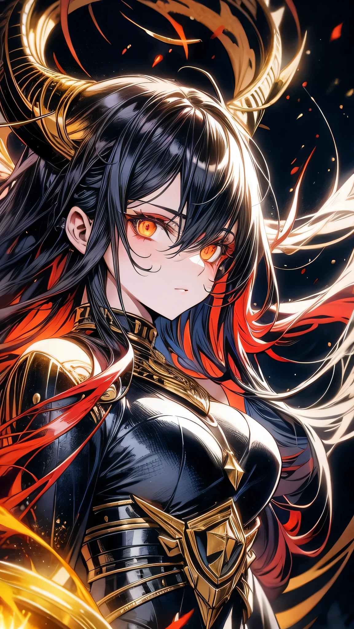 The image features a dark, fantasy-themed female character who exudes power and mystery. She is clad in an elaborate, black armor that is detailed with gold accents and appears both menacing and regal. The armor is adorned with sharp, angular spikes, particularly on the shoulders, adding to her intimidating appearance.
Her helmet is a significant feature, with large, curved horns that extend outward and upward, giving her a demonic or otherworldly look. The helmet partially obscures her face, but her eyes glow with a fierce, fiery light, suggesting she possesses powerful abilities or is of supernatural origin.
A glowing orb is embedded in the center of her chest, radiating with bright, warm light. This orb is likely a source of great power or magic. Additionally, she holds two large, glowing orbs in each hand, which emit a strong, fiery light, further emphasizing her control over powerful forces.
The background is a dark, rocky landscape under a twilight or night sky, with faint light illuminating the scene. The overall atmosphere of the image is intense and foreboding, suggesting that this character is a formidable presence in a dark fantasy world.