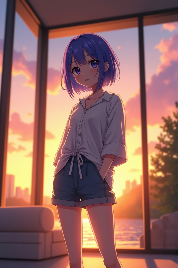 A 23 year old anime girl with small boobs and a small butt, wearing a huge oversized shirt and short shorts. Standing and facing straight ahead in a modern house during the sunset, black eyes and a bluish purple hair