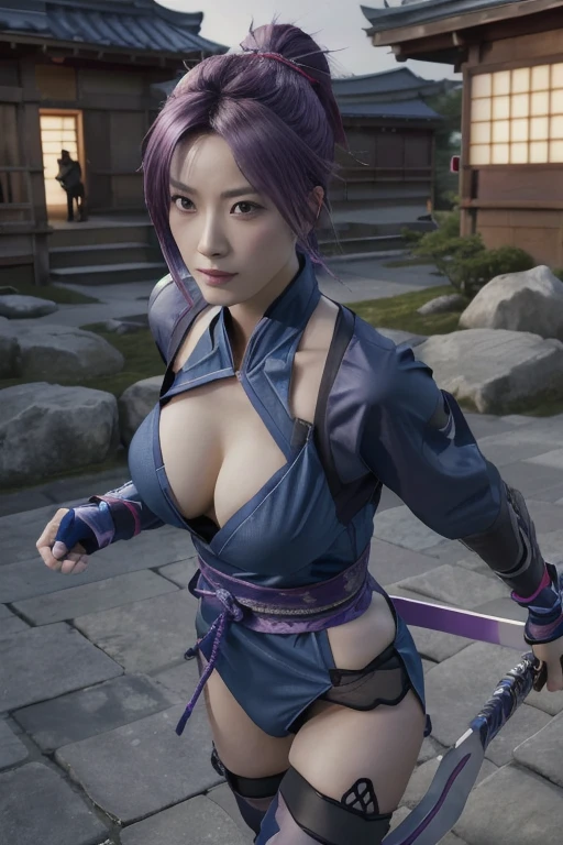 Highest quality,Ultra HD,Best AI Images, Full body photo,(beautiful face like a Japanese actress), ((Purple Hair))，Very detailed vfx portrait of, Female Ninja, Japanese kunoichi, cgsociety and Zhong Feng Hua, Covert behavior, Female Ninja, ((Scene of fighting with shurikens)),Scene of throwing shurikens 1.3,Portrait of a Japan woman, , Trending on deviantart, ((blue short ninja costume 1.5))，((sexy kunoichi,Big Breasts)), Japanese spy, 3D Rendering, (Beautiful Face 1.5), Key Visual, Vibrant, (((background 1 of a night mansion in the Sengoku period.5))), Very detailed, growing up,